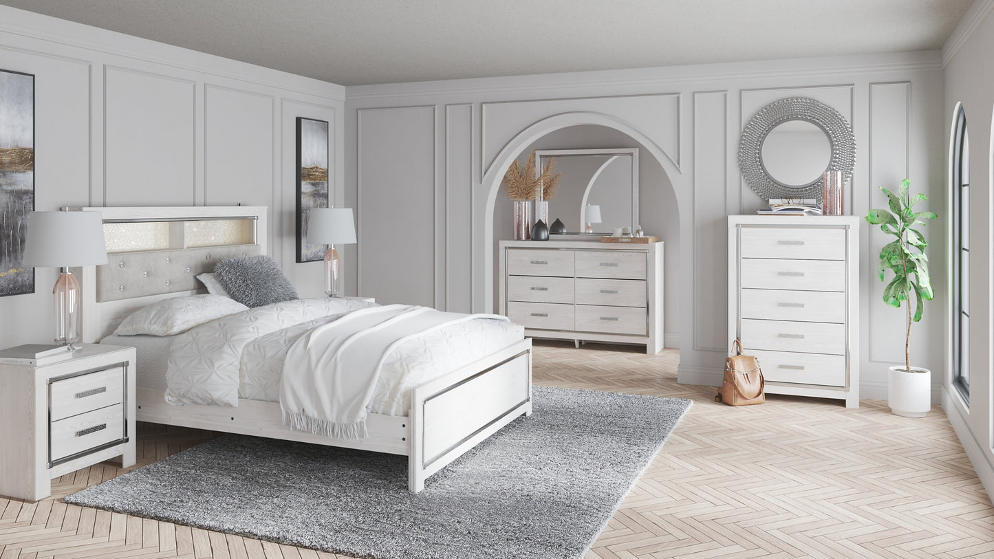Altyra  Bookcase Headboard Bed With Mirrored Dresser, Chest And Nightstand