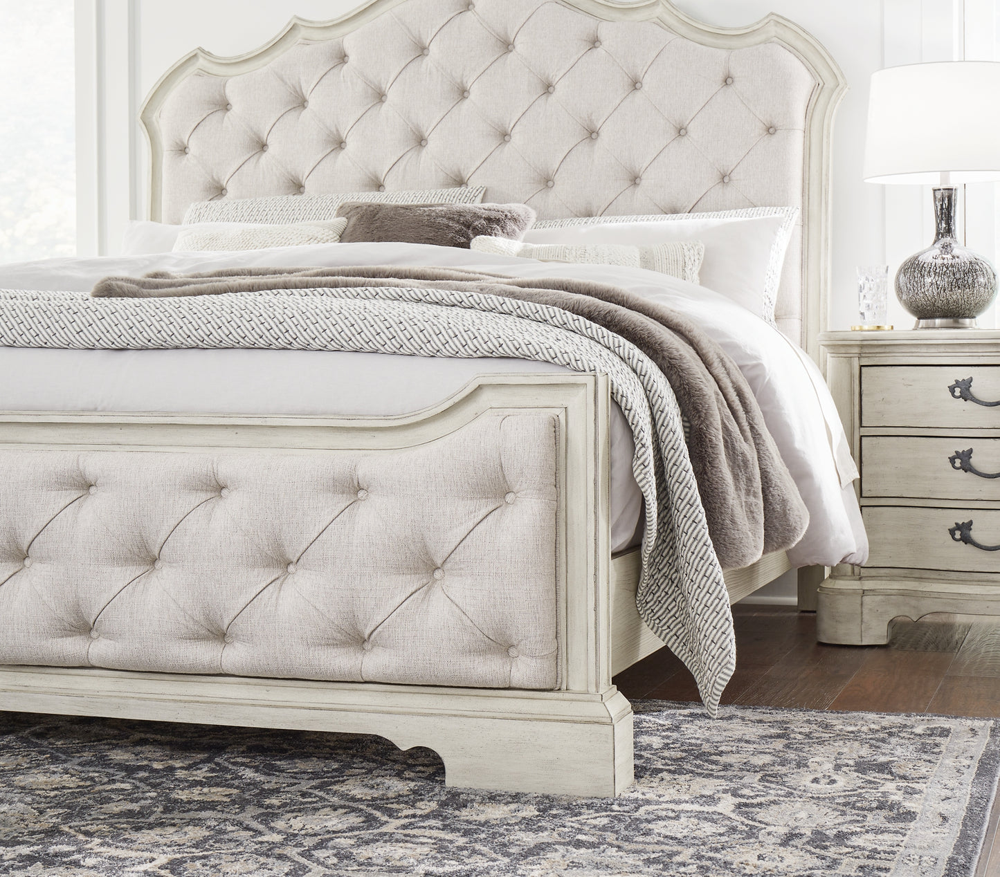 Arlendyne  Upholstered Bed With Mirrored Dresser, Chest And Nightstand