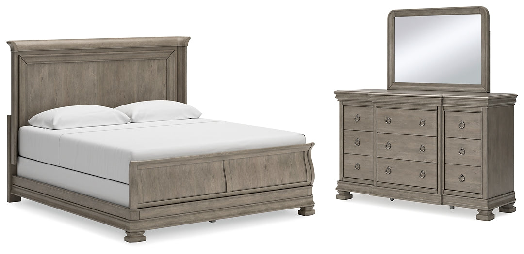 Lexorne  Sleigh Bed With Mirrored Dresser