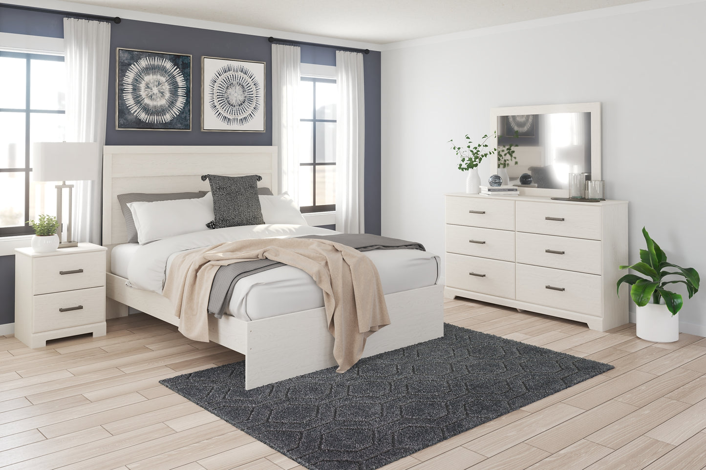 Stelsie  Panel Bed With Mirrored Dresser And Nightstand