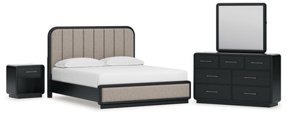 Rowanbeck California  Upholstered Panel Bed With Mirrored Dresser And Nightstand