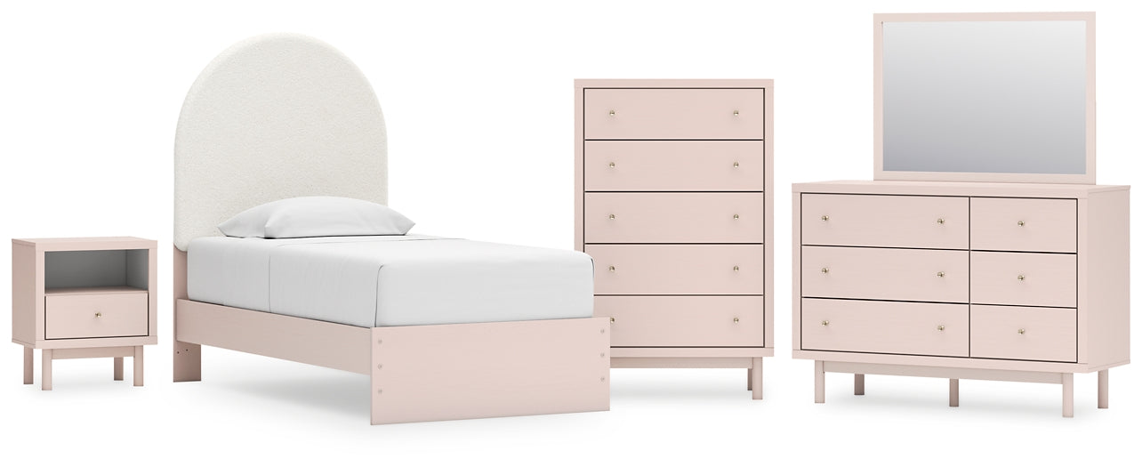 Wistenpine  Upholstered Panel Bed With Mirrored Dresser, Chest And Nightstand