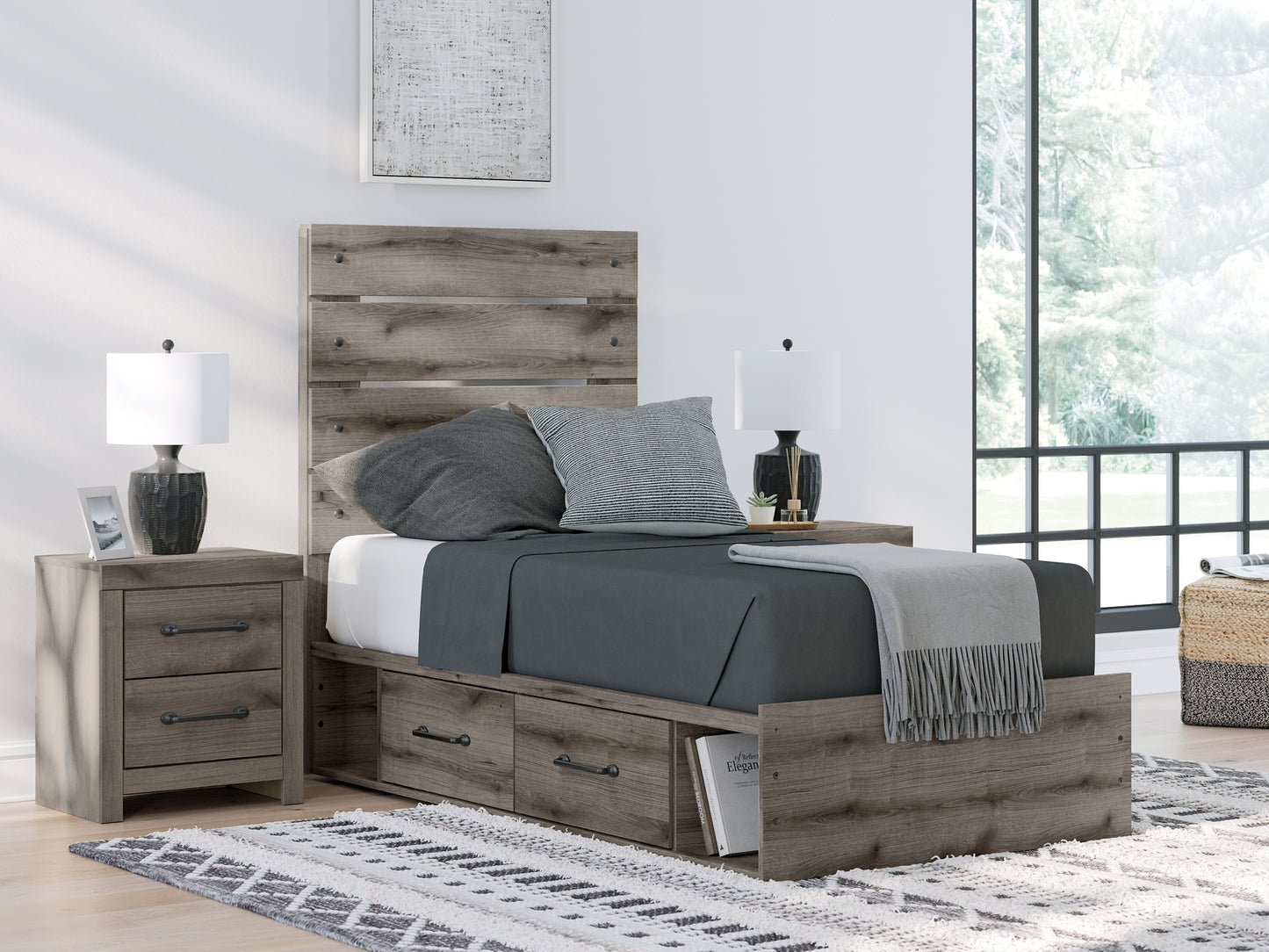 Graystorm  Panel Storage Bed With Mirrored Dresser And Nightstand