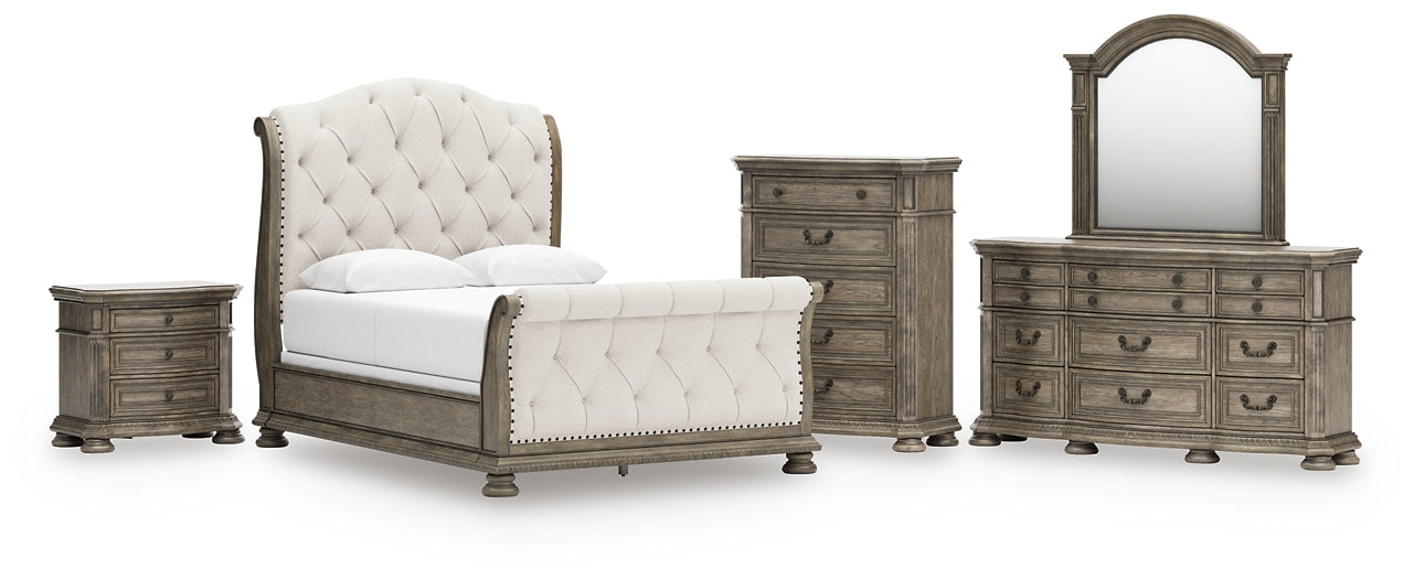 Ardenfield  Upholstered Sleigh Bed With Mirrored Dresser, Chest And Nightstand