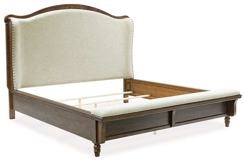 Sturlayne  Upholstered Panel Bed With Mirrored Dresser And Nightstand
