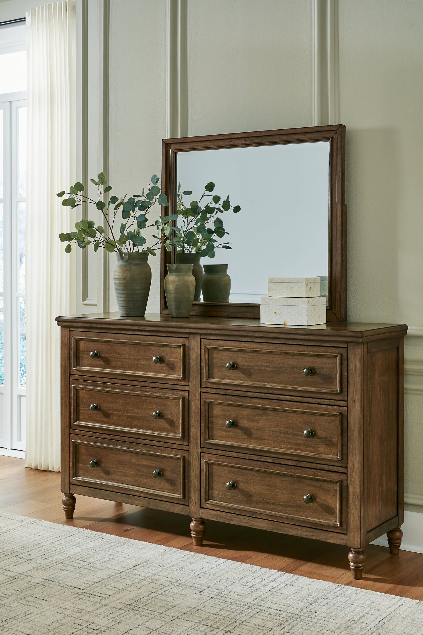 Sturlayne  Upholstered Panel Bed With Mirrored Dresser And Nightstand