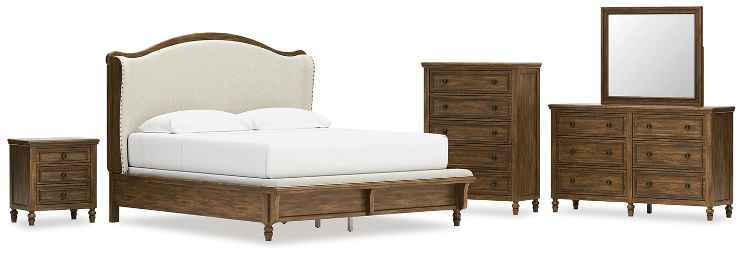 Sturlayne  Upholstered Panel Bed With Mirrored Dresser, Chest And Nightstand