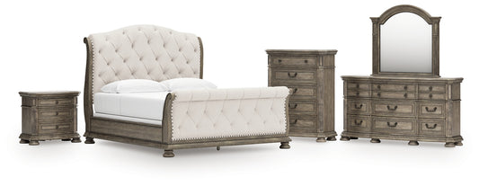 Ardenfield  Upholstered Sleigh Bed With Mirrored Dresser, Chest And Nightstand