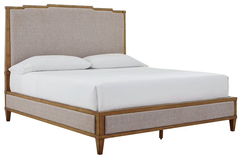 Sharlance California  Upholstered Panel Bed With Mirrored Dresser, Chest And Nightstand