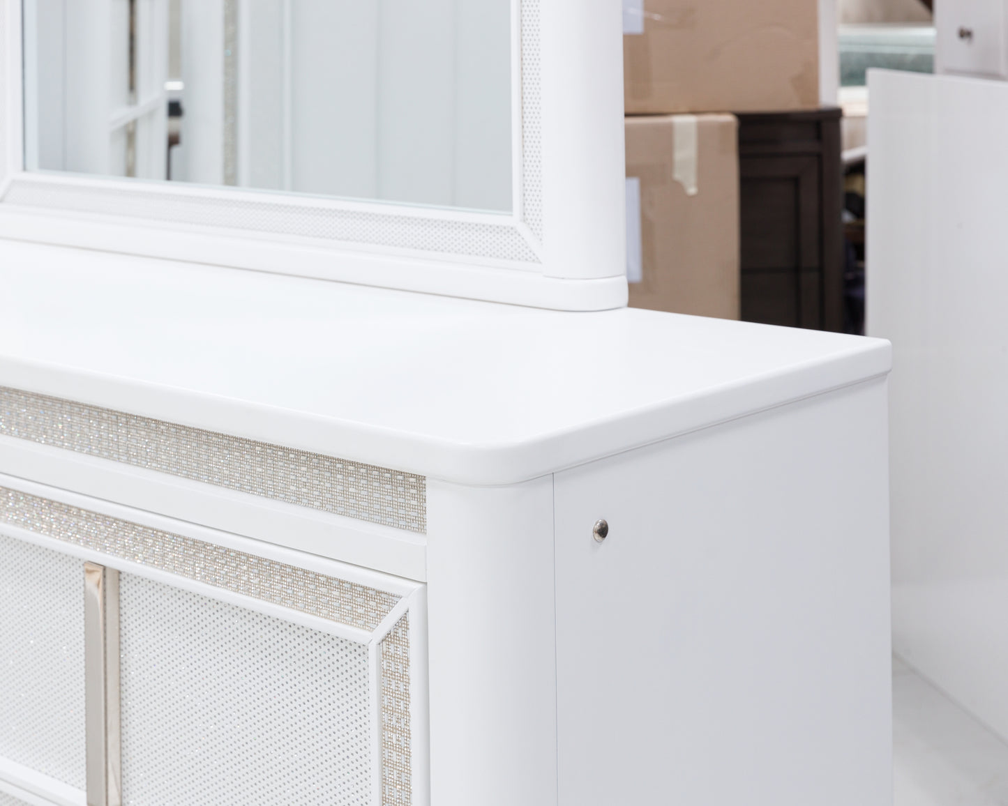 Chalanna California  Upholstered Storage Bed With Mirrored Dresser And Nightstand