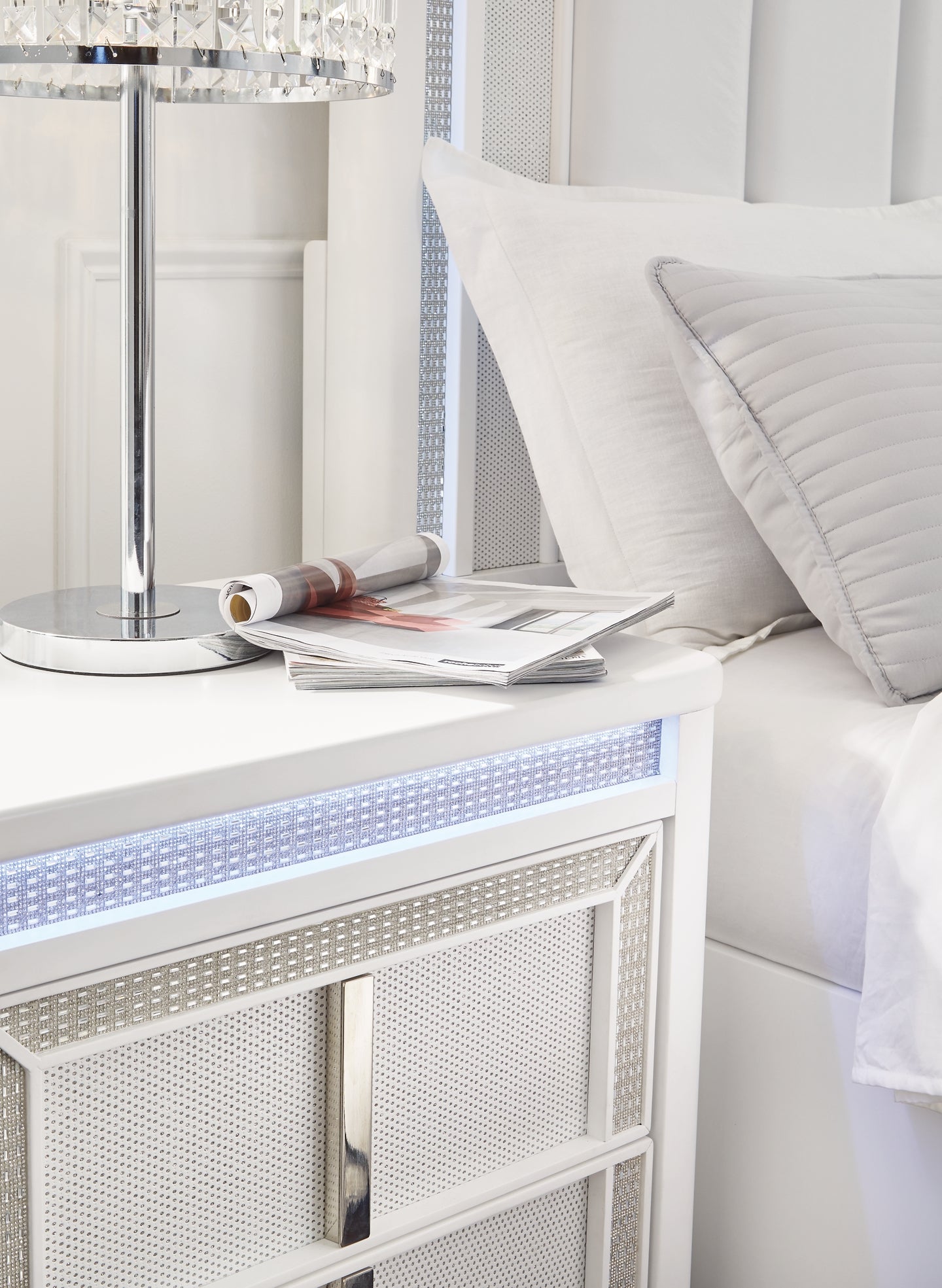 Chalanna California  Upholstered Storage Bed With Mirrored Dresser And Nightstand