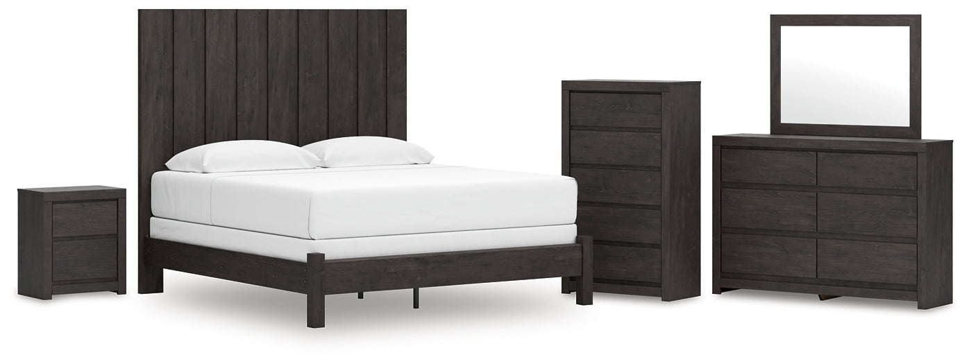 Fraluna  Panel Bed With Mirrored Dresser, Chest And Nightstand