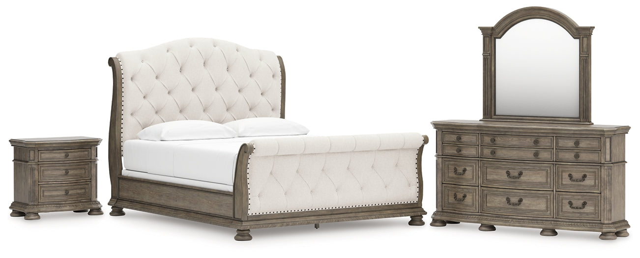 Ardenfield California  Upholstered Sleigh Bed With Mirrored Dresser And Nightstand