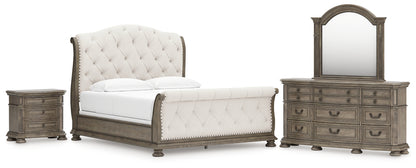 Ardenfield California  Upholstered Sleigh Bed With Mirrored Dresser And Nightstand