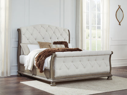Ardenfield California  Upholstered Sleigh Bed With Mirrored Dresser
