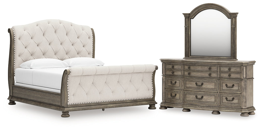 Ardenfield  Upholstered Sleigh Bed With Mirrored Dresser