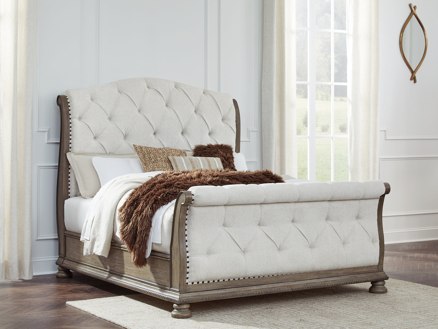 Ardenfield  Upholstered Sleigh Bed With Mirrored Dresser