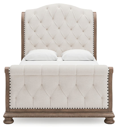 Ardenfield  Upholstered Sleigh Bed With Mirrored Dresser And Nightstand