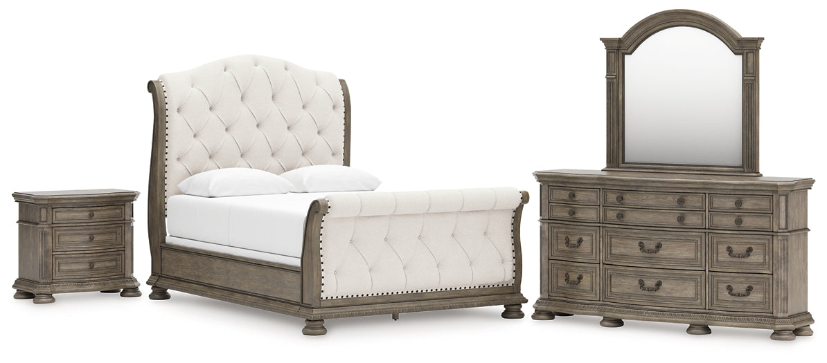 Ardenfield  Upholstered Sleigh Bed With Mirrored Dresser And Nightstand