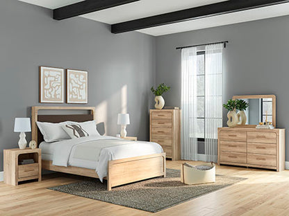 Kinlanni  Upholstered Panel Bed, Dresser And Mirror