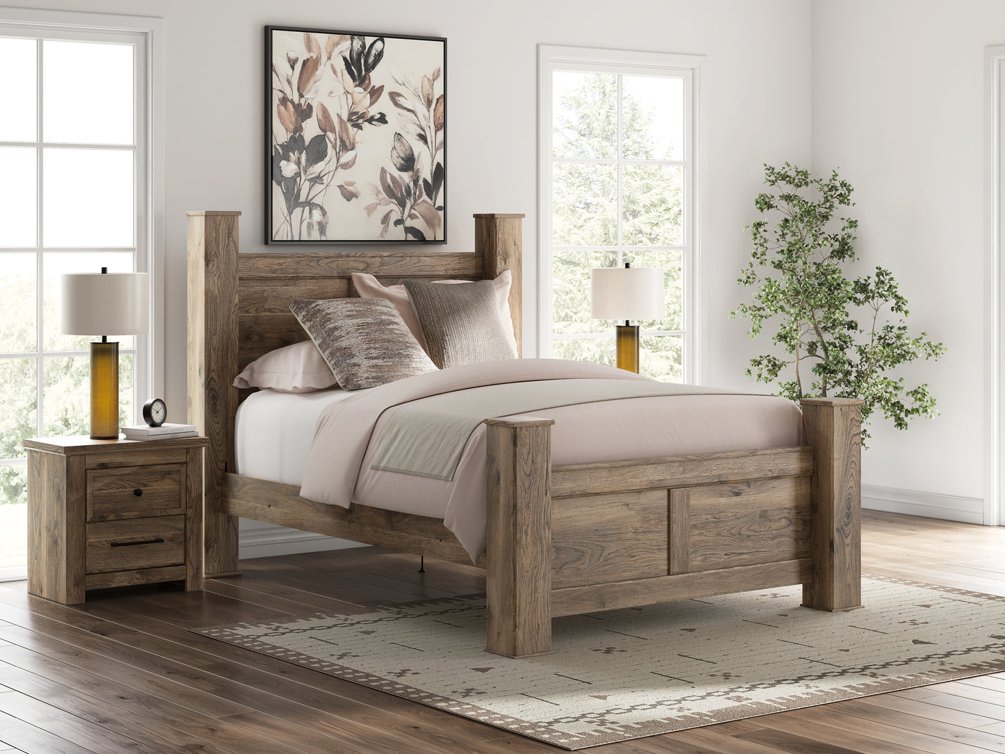 Rusticott  Poster Bed With Mirrored Dresser And Nightstand